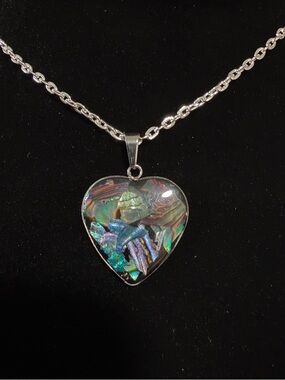 Hand Crafted Iridescent Abalone Heart Pendant Necklace in Multi-Color